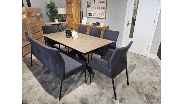 Dining Table 180cm X 90cm Ext Boston Dining Tbl & Katy 160cm Bench, X2 Armchair X3 Chairs