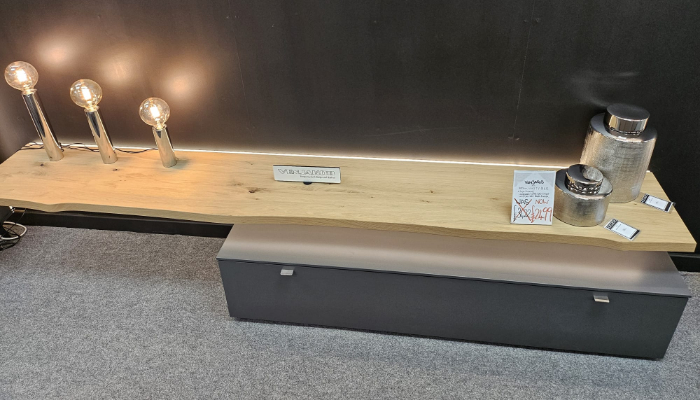 300cm Wall Tv Shelf & Low Board - Laq Slate Grey Matt - Wild Oak Soft Brush Finish